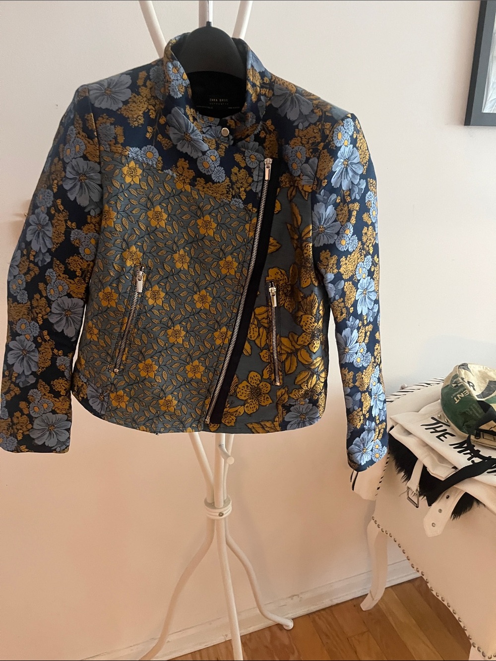Zara Navy Floral Jacquard Moto Jacket with Gold & Light Blue Blooms